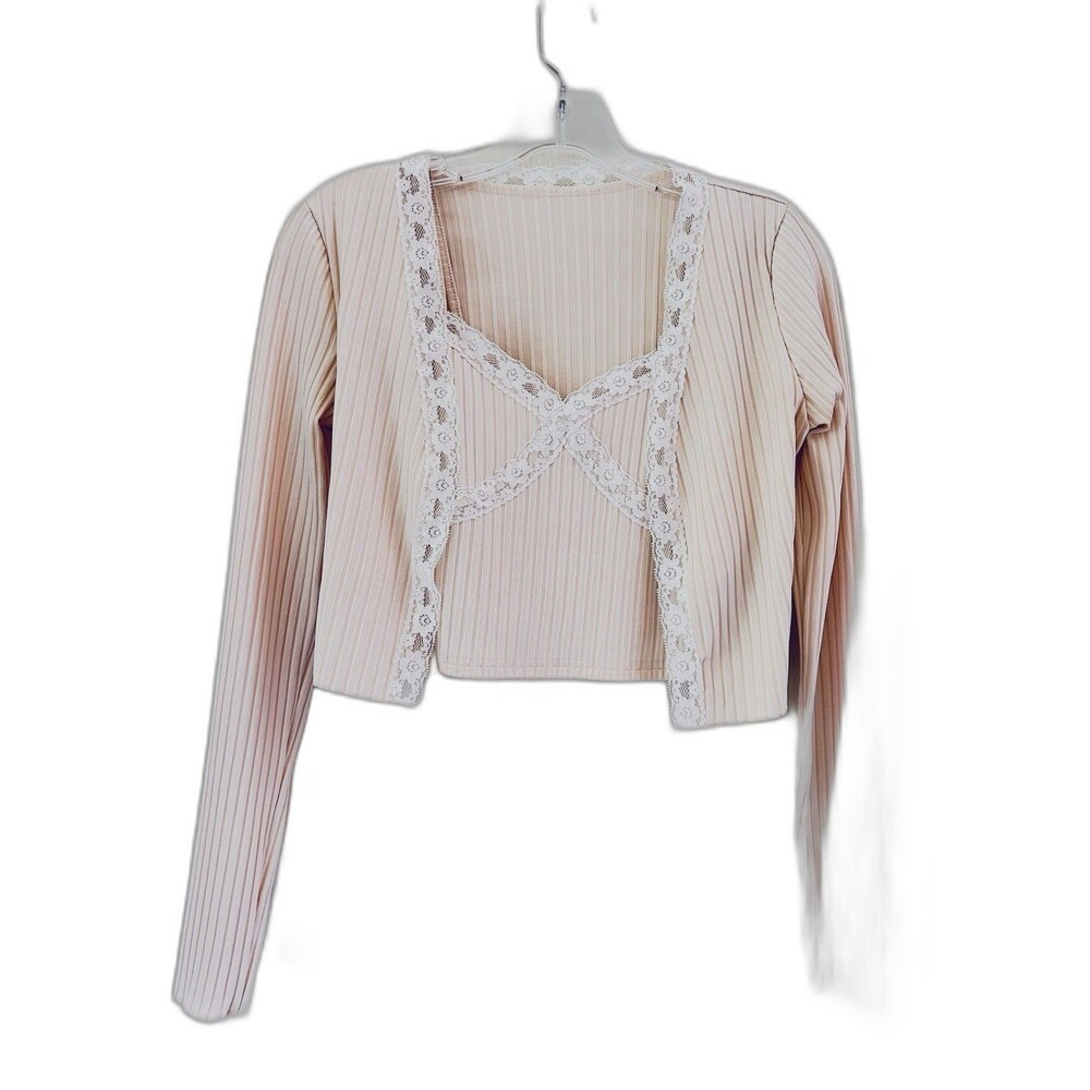 SHEIN S Cream Ribbed Knit Camisole Set Crop Top Lace coquette cottagecore GOOD